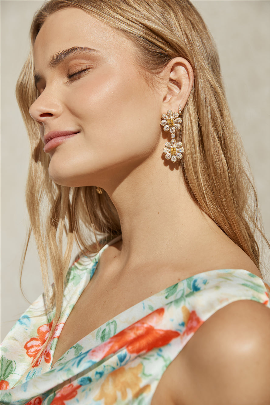 18k Gold Plated Daisy Diamonds Earrings Gold