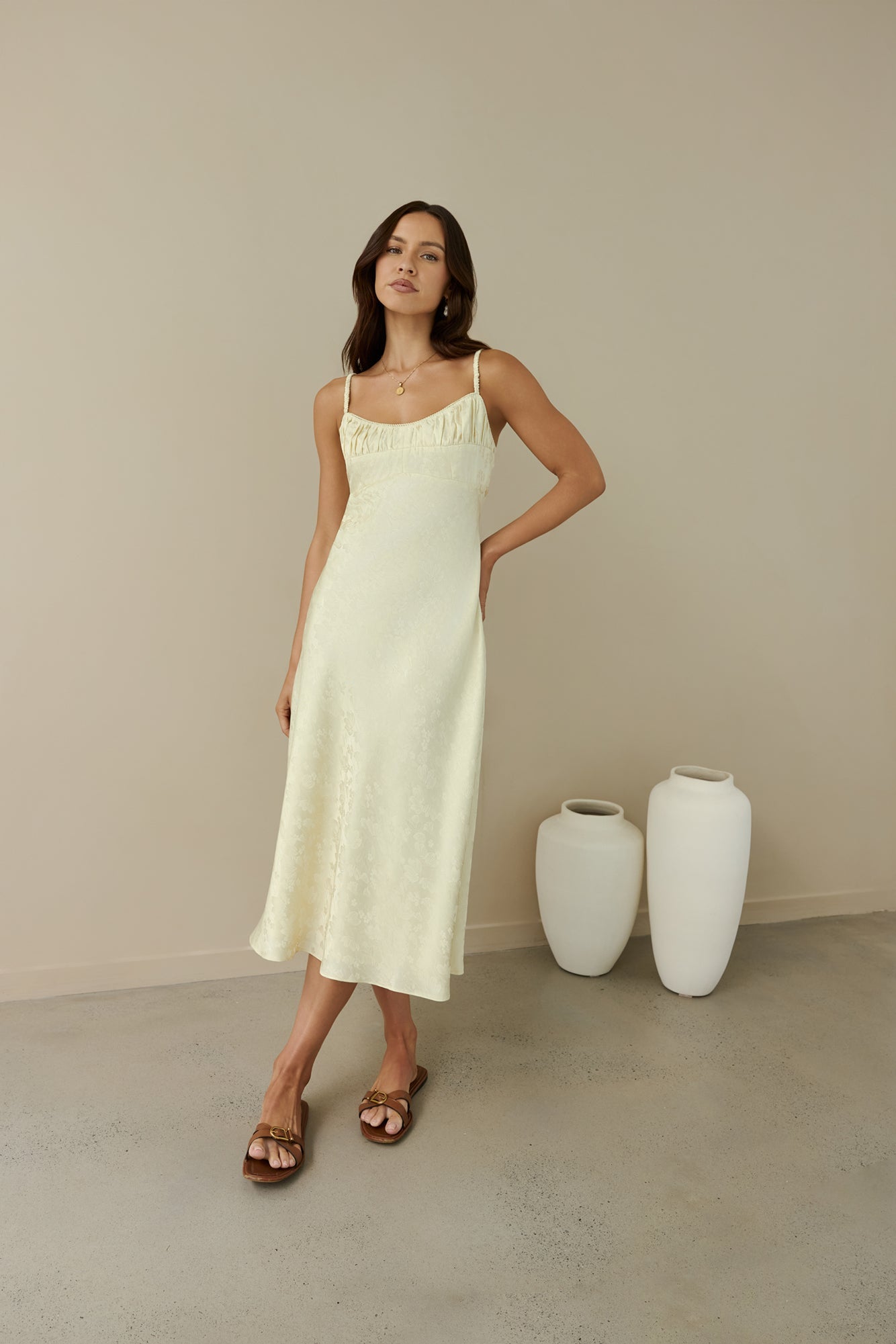 Kaiya Jacquard Satin Midi Dress Yellow