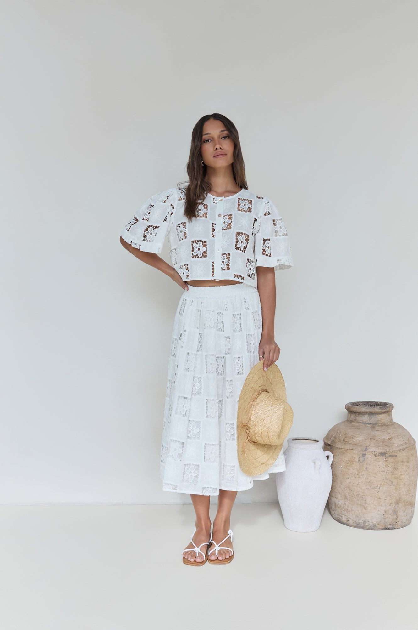 Andolina Crochet Lace Midi Skirt White