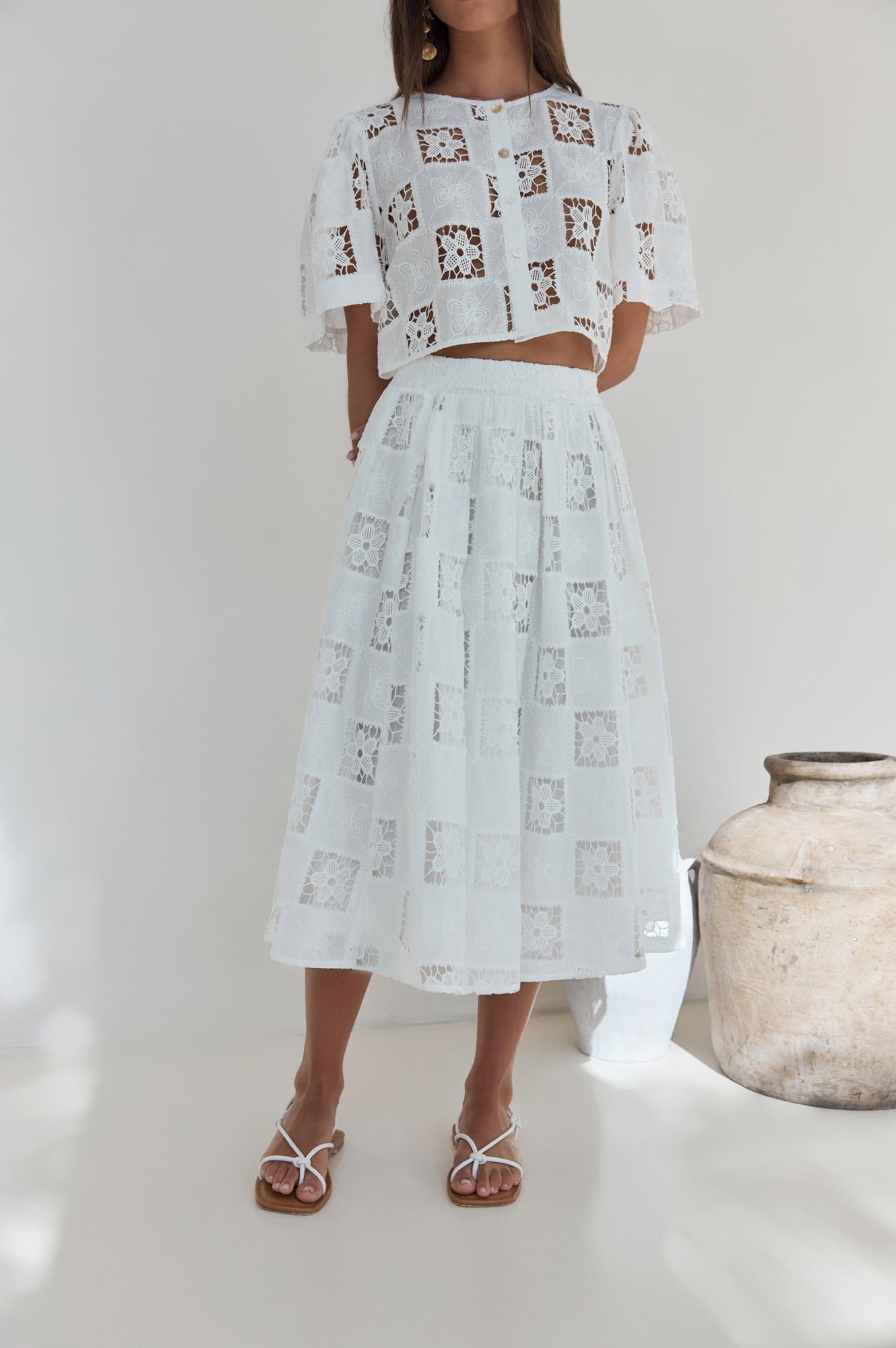 Andolina Crochet Lace Midi Skirt White