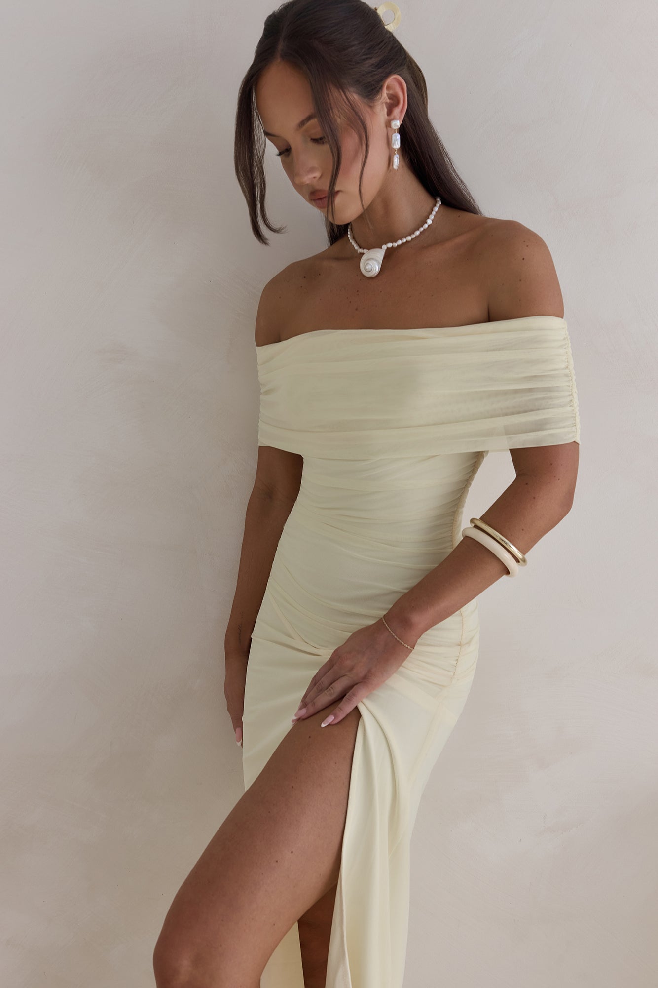 Santorini Strolls Off Shoulder Midi Dress Yellow