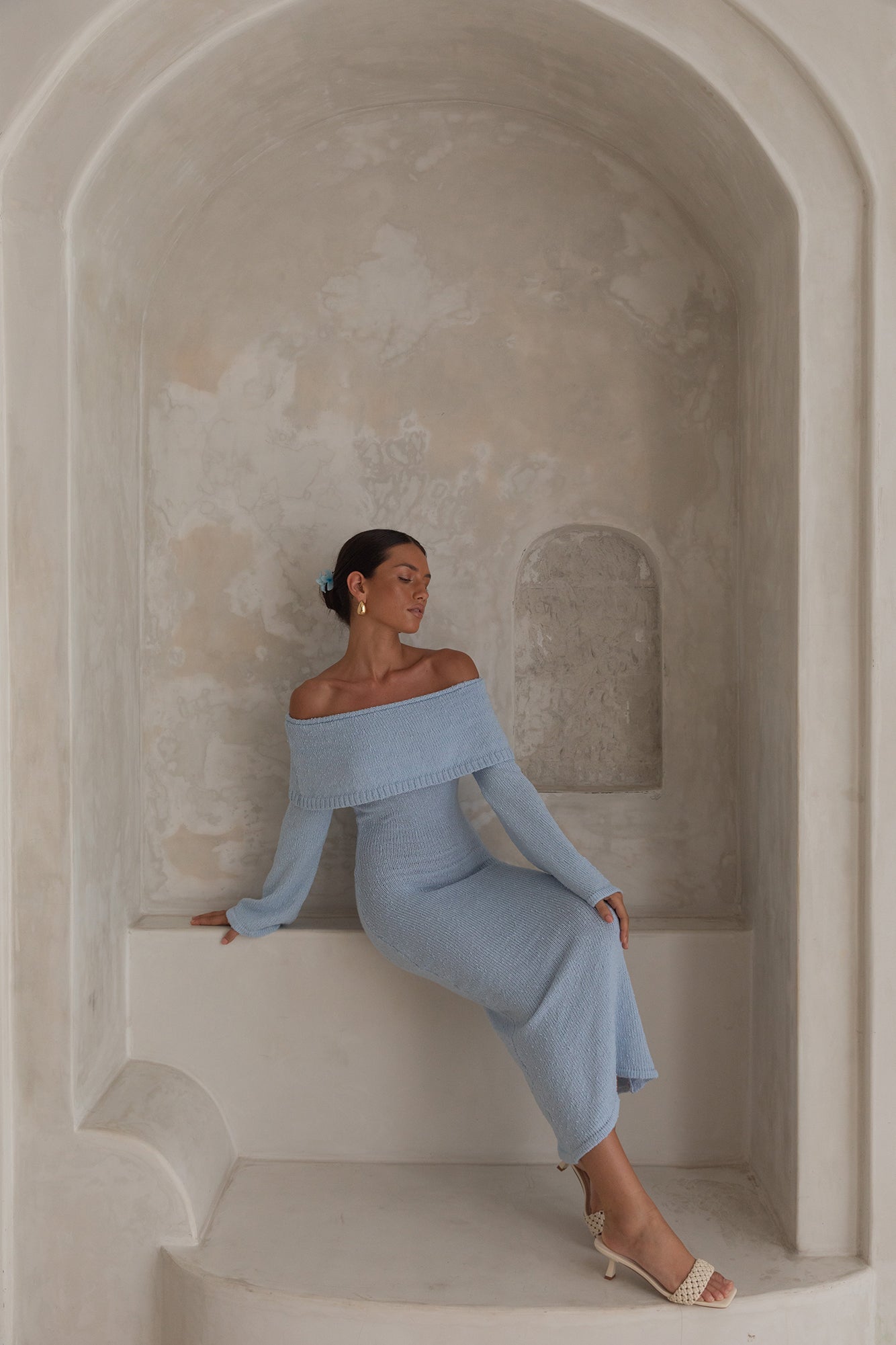 Cabana Crush Off Shoulder Knit Midi Dress Blue
