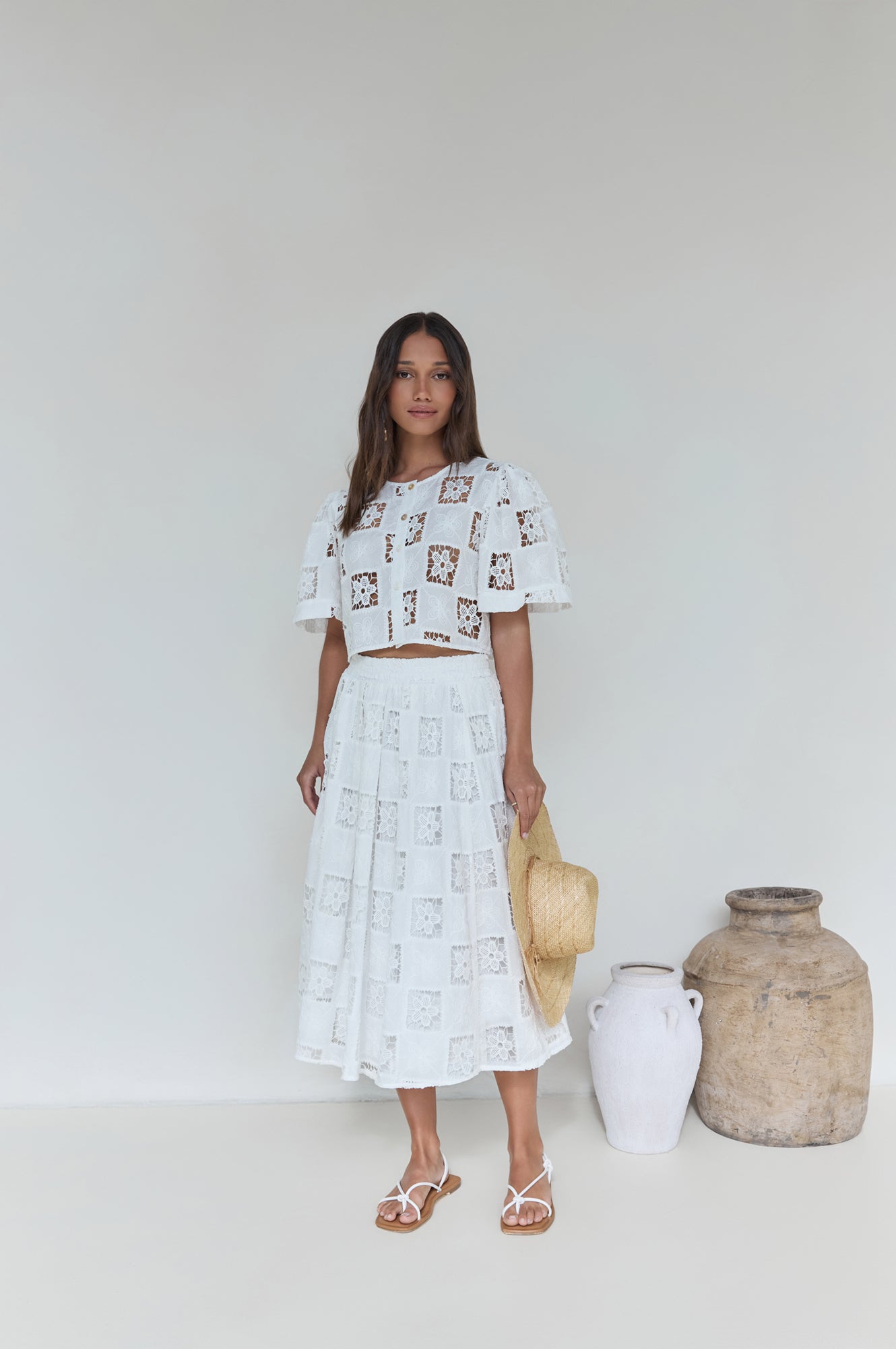 Andolina Crochet Lace Midi Skirt White