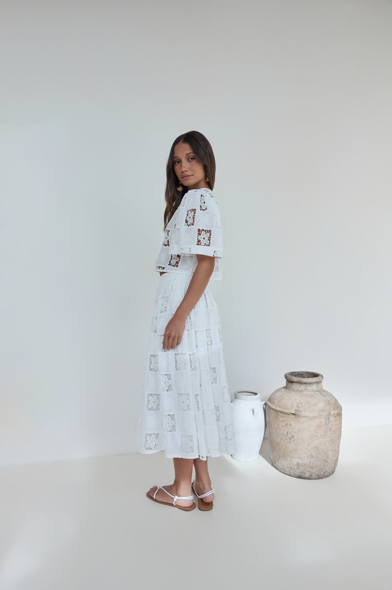 Andolina Crochet Lace Midi Skirt White