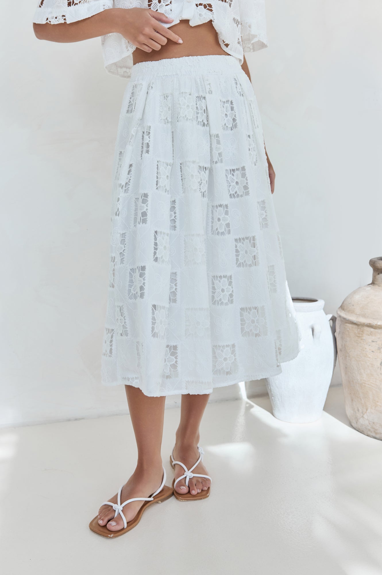 Andolina Crochet Lace Midi Skirt White